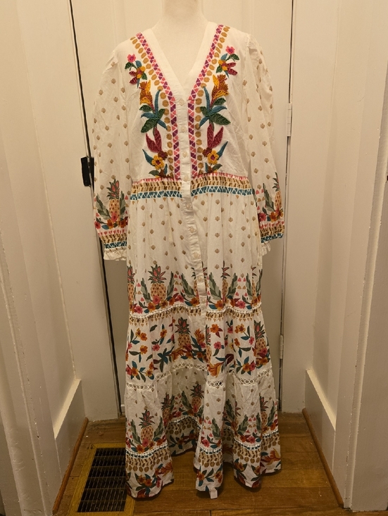 Chico's Dresses & Skirts - Chico's White Maxi Lined Cotton Dress with Multicolor Floral Embroidery